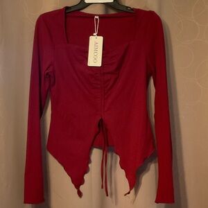 Women's Long Sleeve Square Neck Tie-Front Top in Deep Red